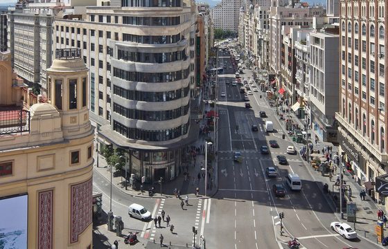 Gran Vía seen from above, curving between its tall facades