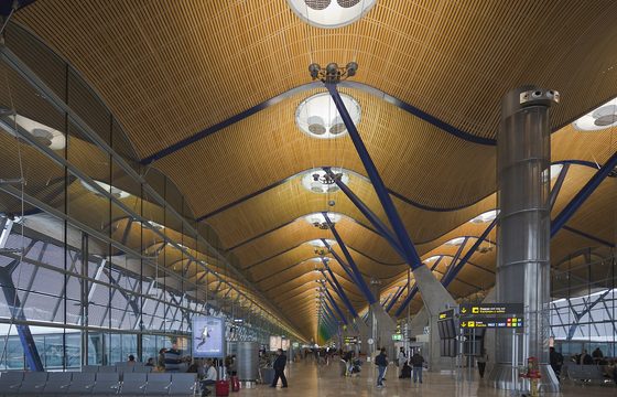 The bamboo roof and coloured columns of Barajas Terminal 4