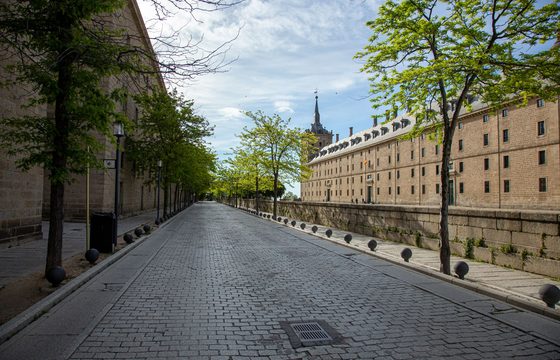 The monastery of El Escorial seen from the road below it