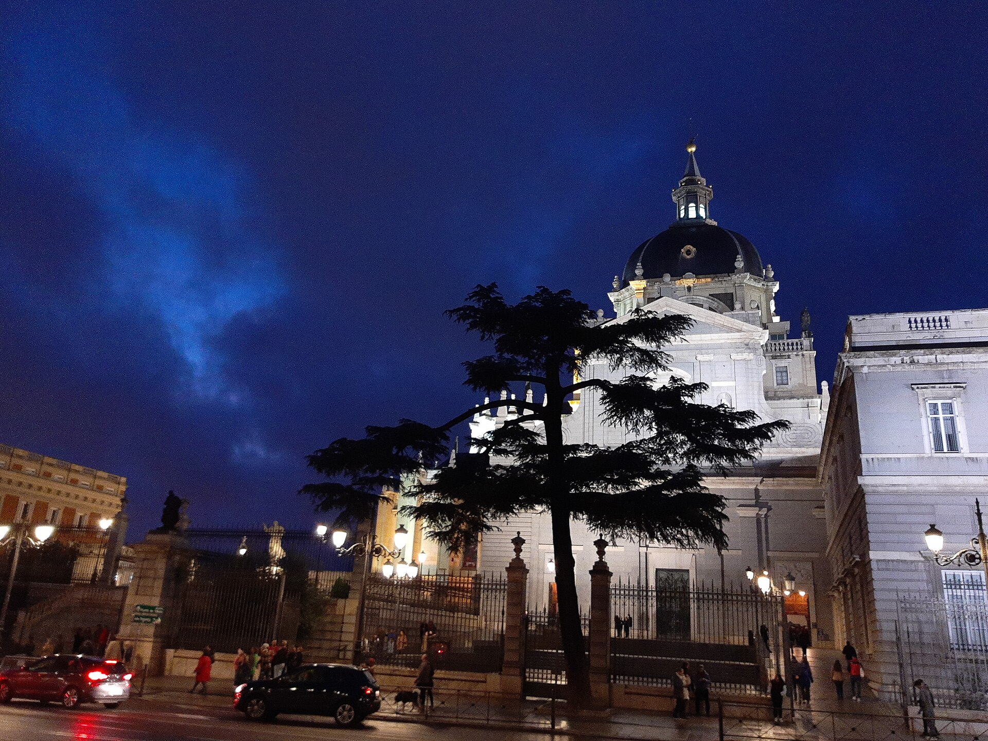 Side entrance of the Almudena Cathedral in Madrid at blue hour