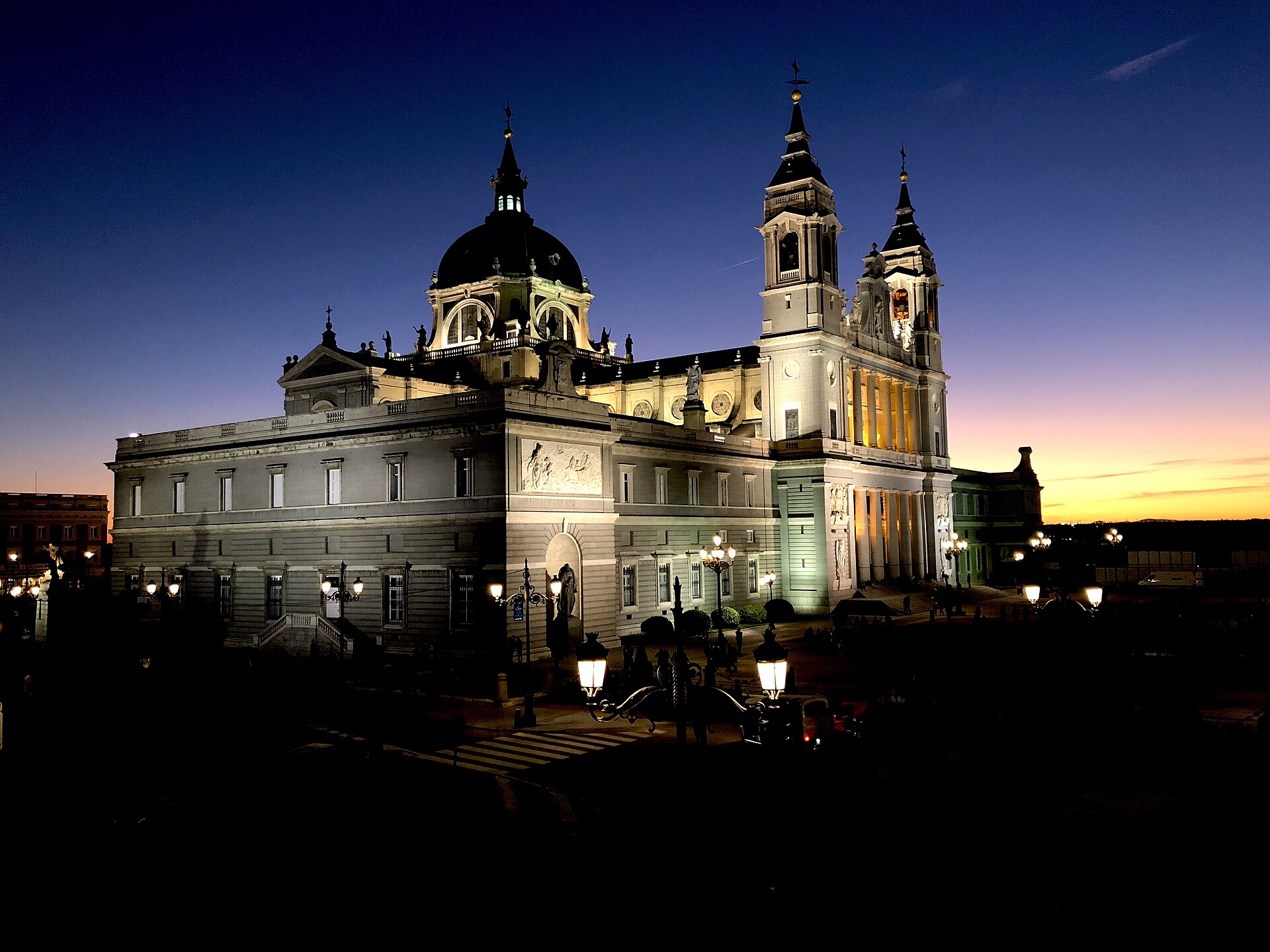 The Almudena Cathedral in Madrid at sunset