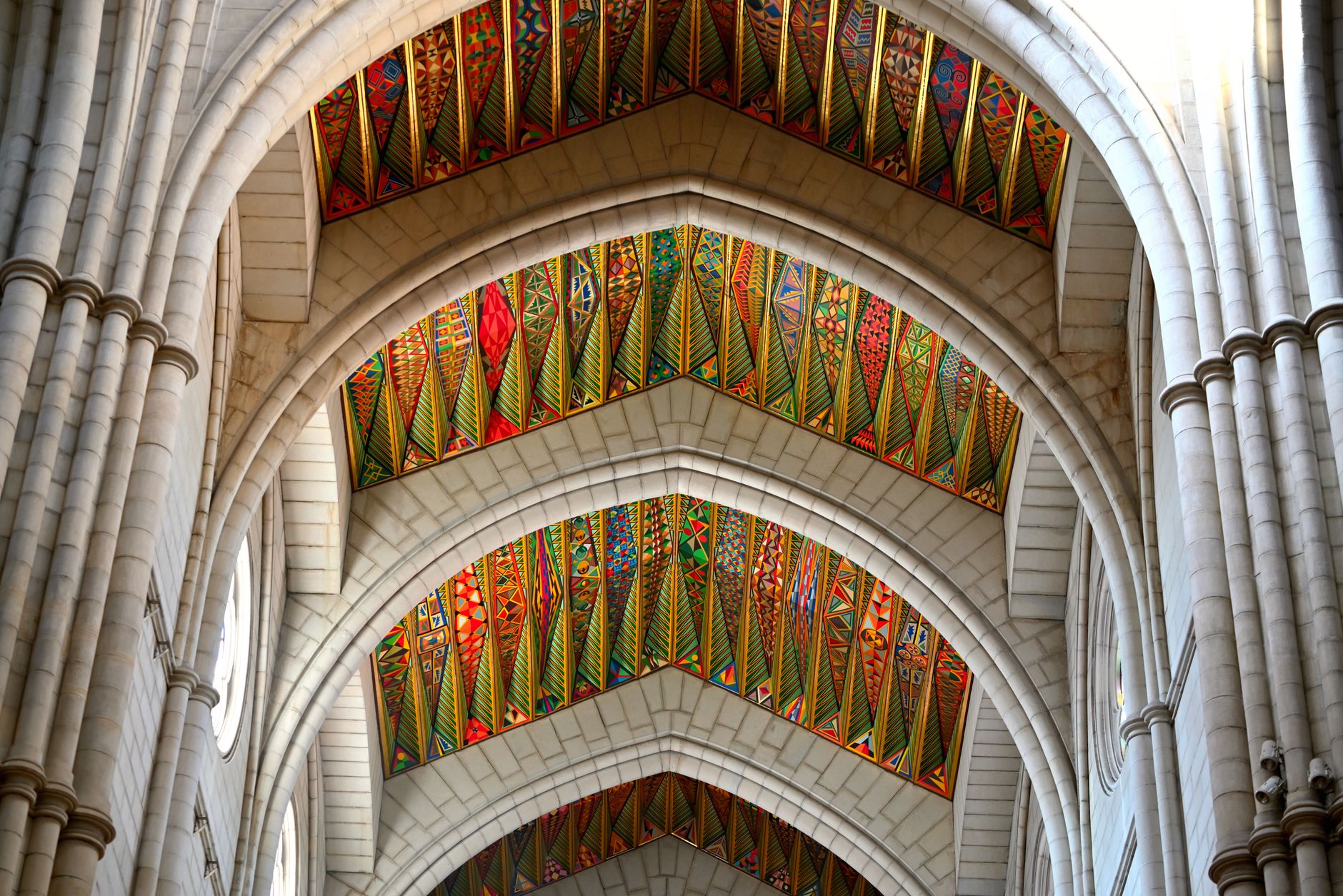 Colorful patterned ceilings of Almudena Cathedral in Madrid, Spain. — illustrating The Almudena Cathedral, Madrid: Why It Looks So Modern