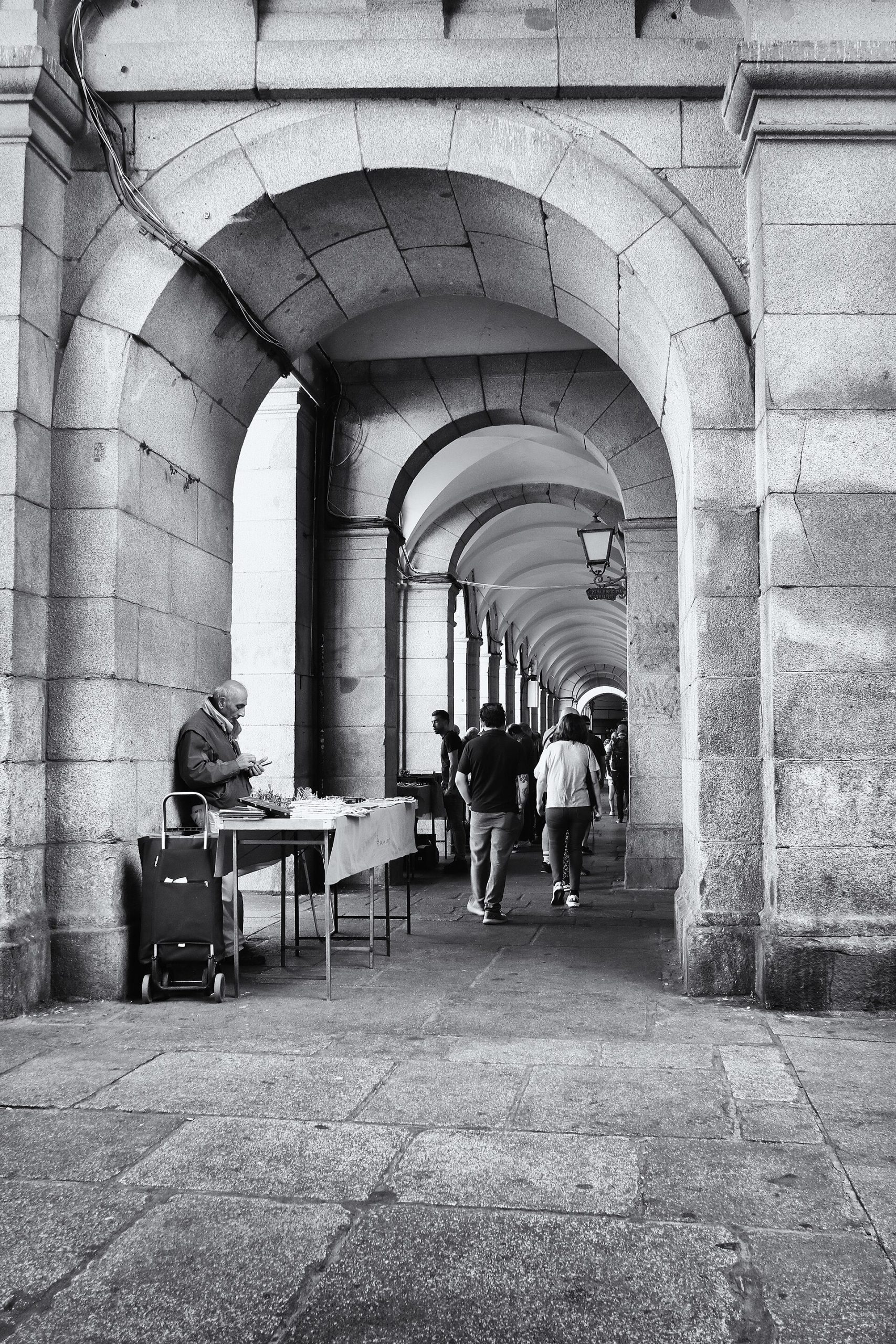 Coin and stamp market stalls in the Plaza Mayor in Madrid