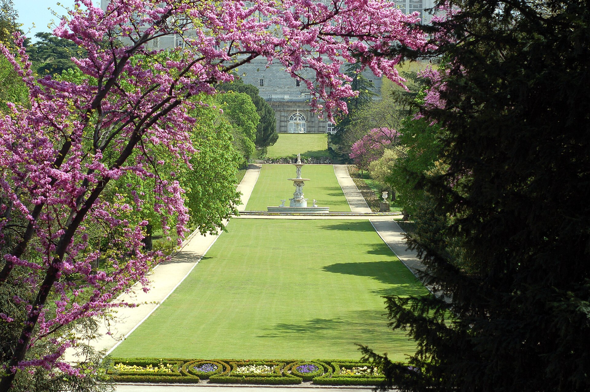 The Campo del Moro gardens with the Royal Palace of Madrid behind
