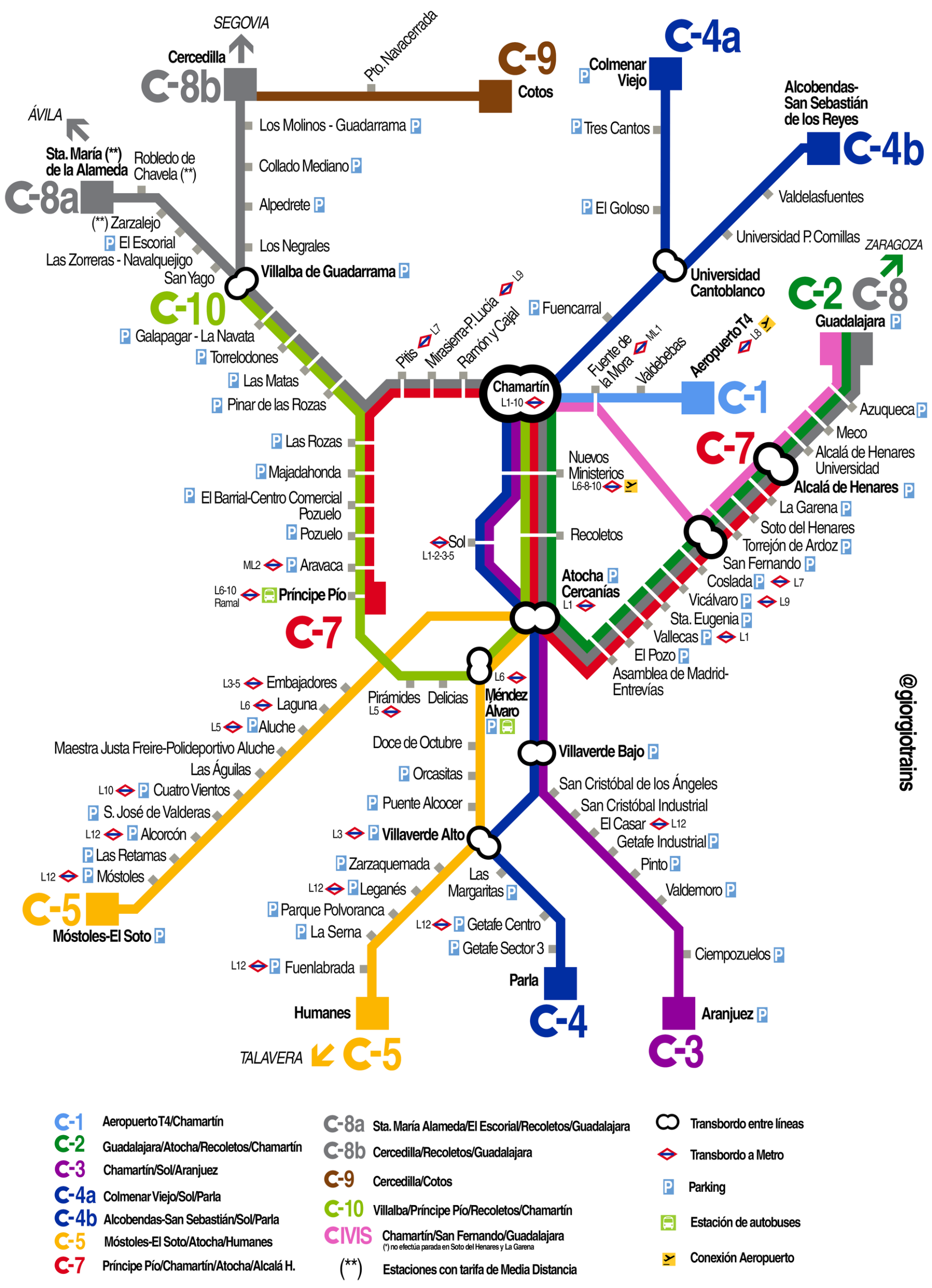 Map of the Cercanías Madrid commuter rail network as of December 2024