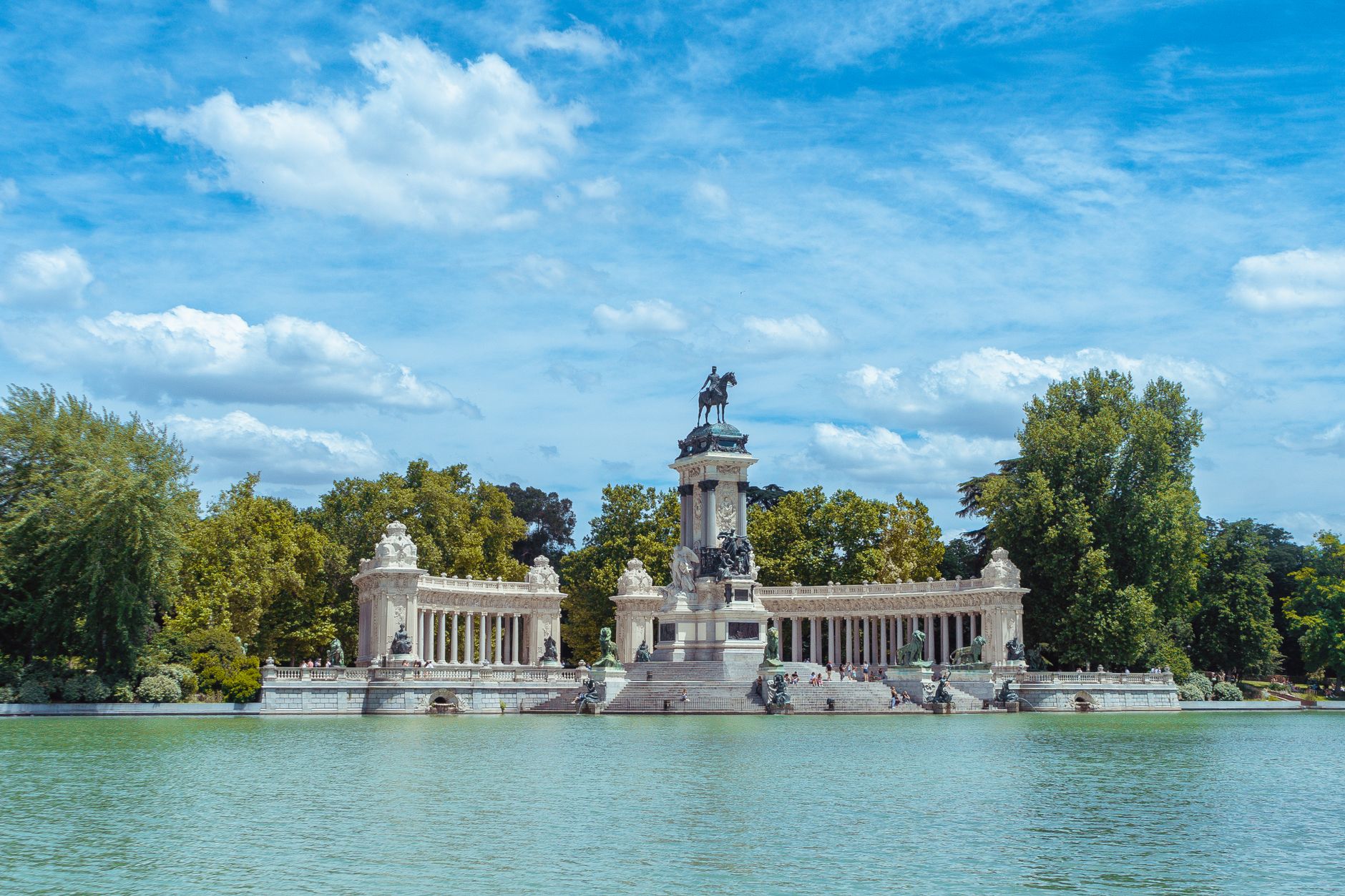 View of the Monument to Alfonso XII in Parque del Retiro, Madrid.