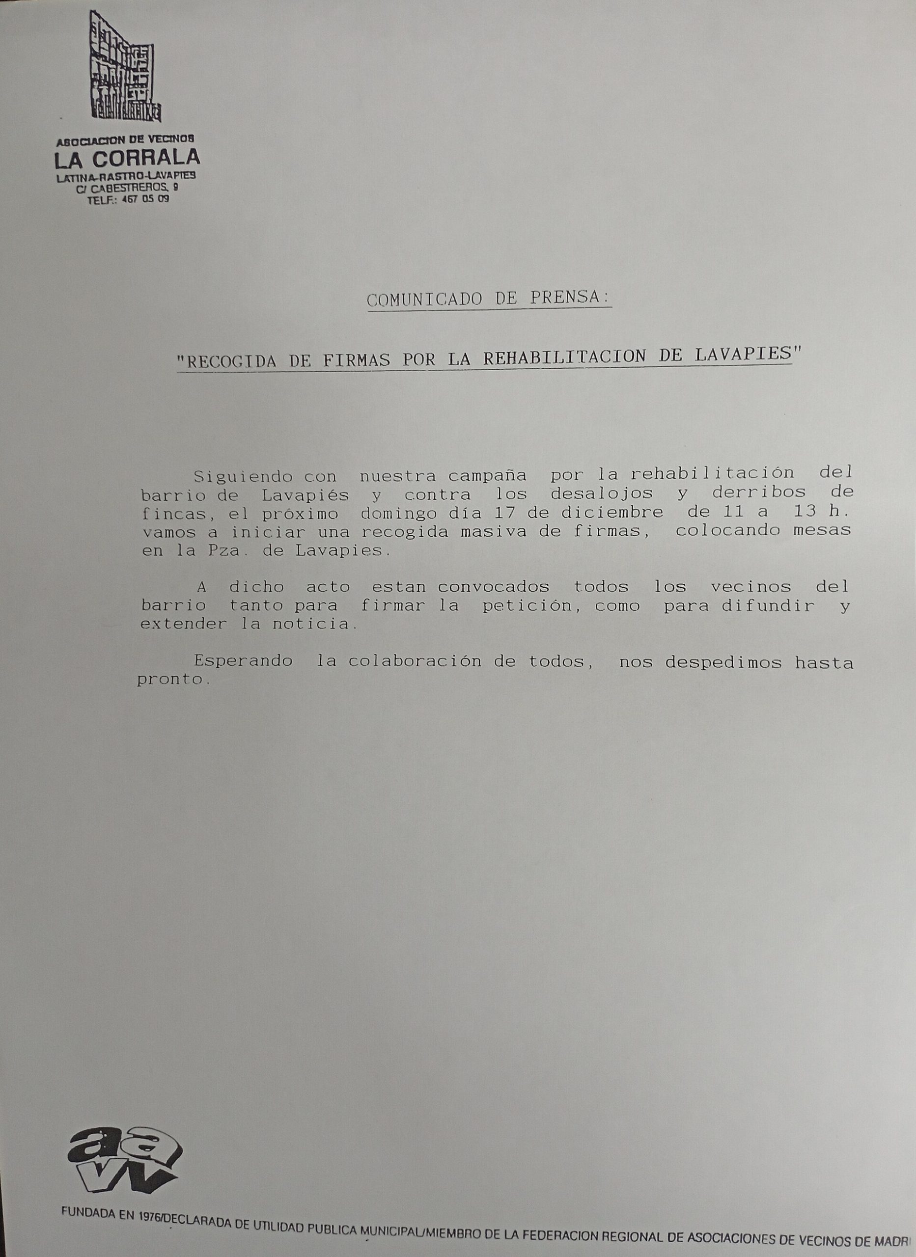 Comunicado de prensa de la Asociación de Vecinos La Corrala de Lavapiés, Madrid.jpg — illustrating What Is Lavapiés, and What Is Its History? Madrid Explained