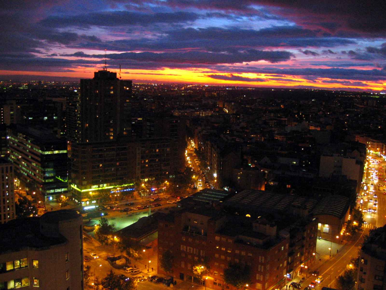 Sunset over the Tetuán district of Madrid, seen from a building at Plaza de Castilla