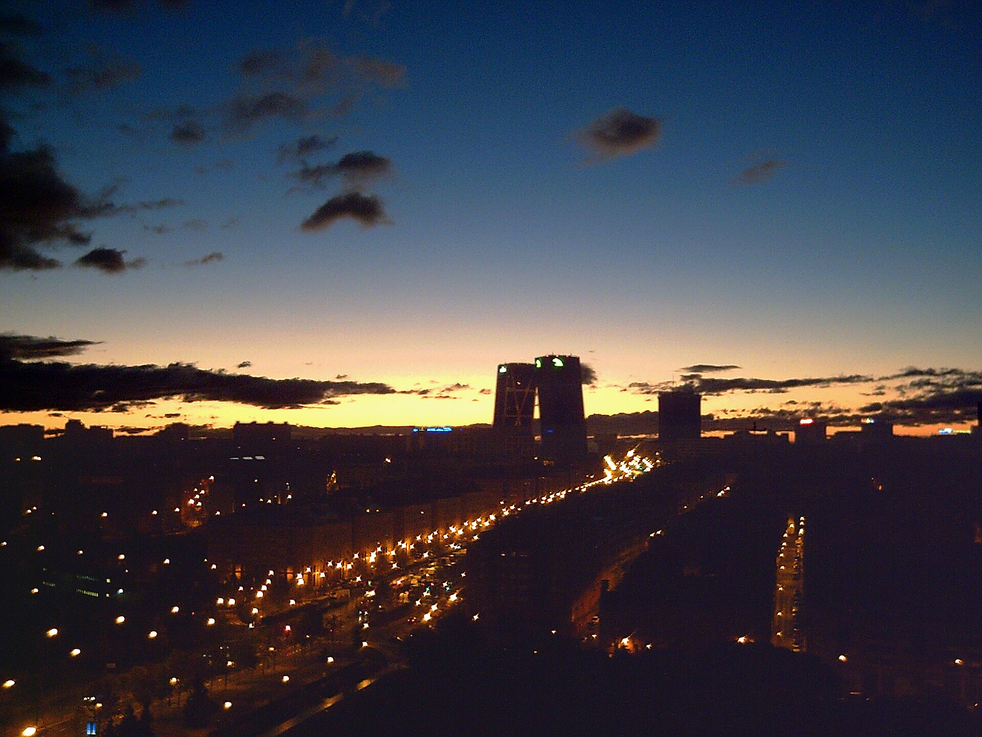 Sunrise in Madrid's Tetuán district with the Puerta de Europa towers at the centre
