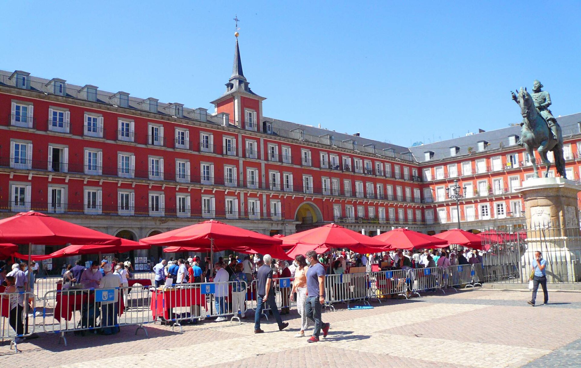The municipal stamp and coin market in Madrid's Plaza Mayor, June 2021