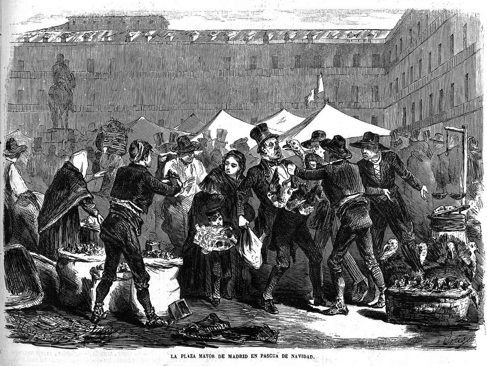 Engraving of Madrid's Plaza Mayor at Christmas from the magazine El Museo Universal