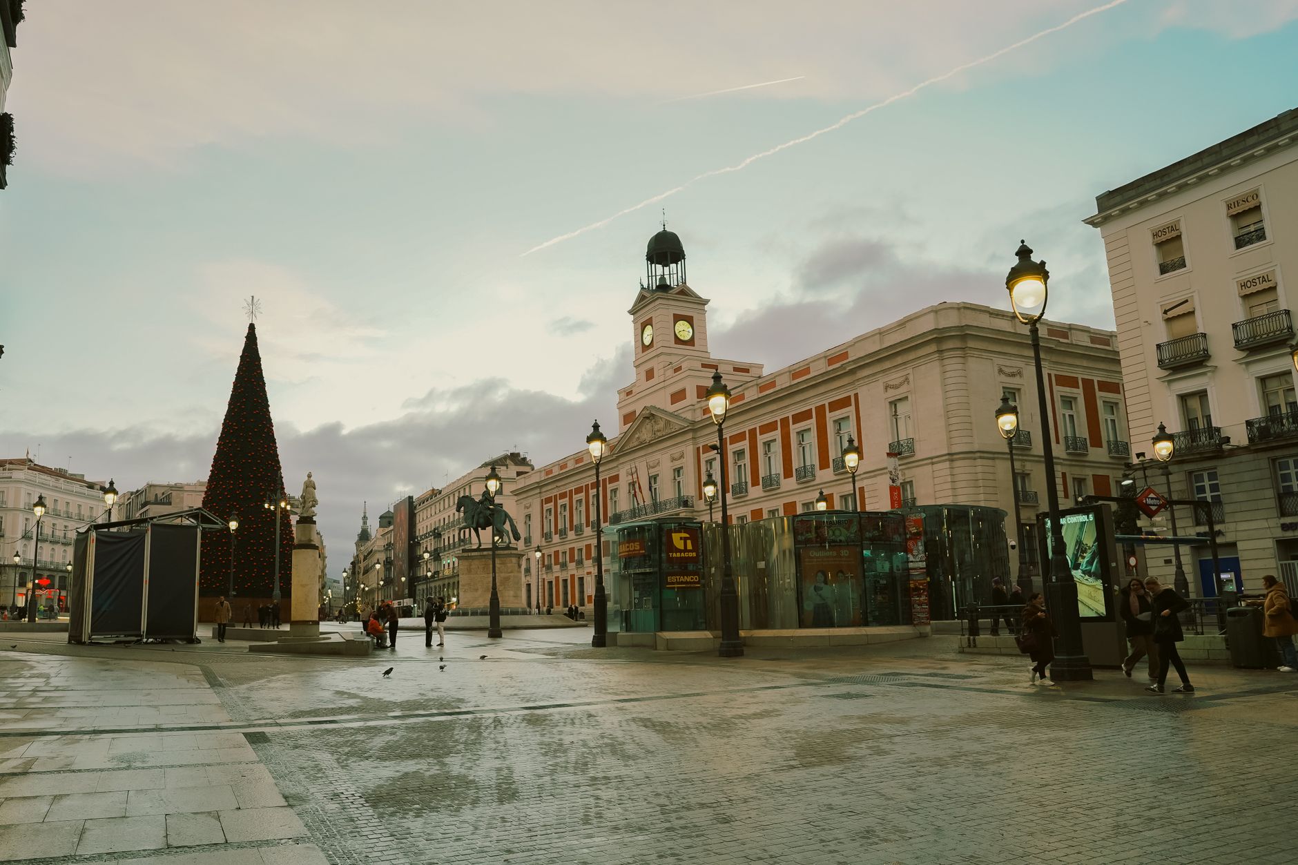 Evening view of the Christmas tree at Puerta del Sol in Madrid, Spain. — illustrating What Is Puerta del Sol, and What Is Kilometre Zero?
