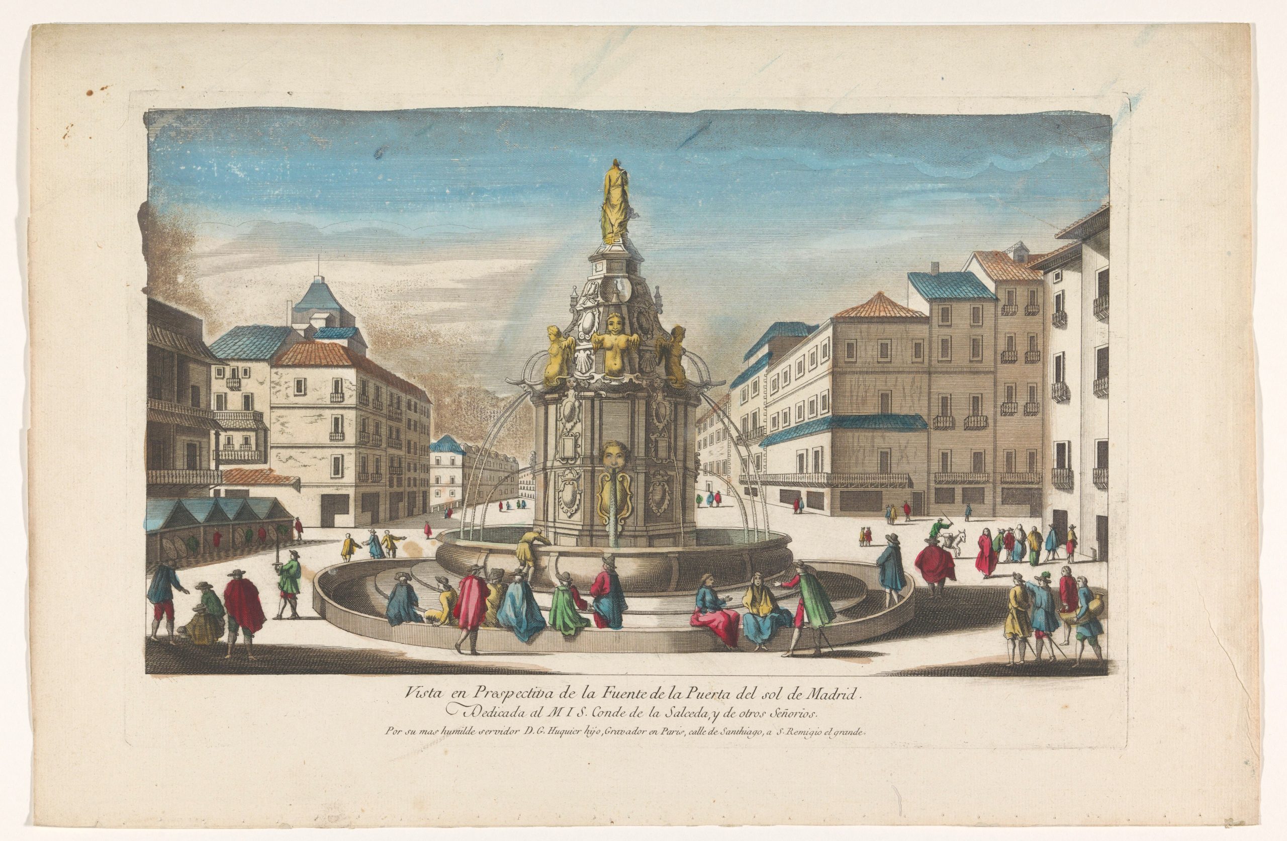 Gezicht op een fontein van het Plaza Puerta del Sol te Madrid Vista en prespectiva de la fuente de la Puerta del Sol Madrid (titel op object), RP-P-19