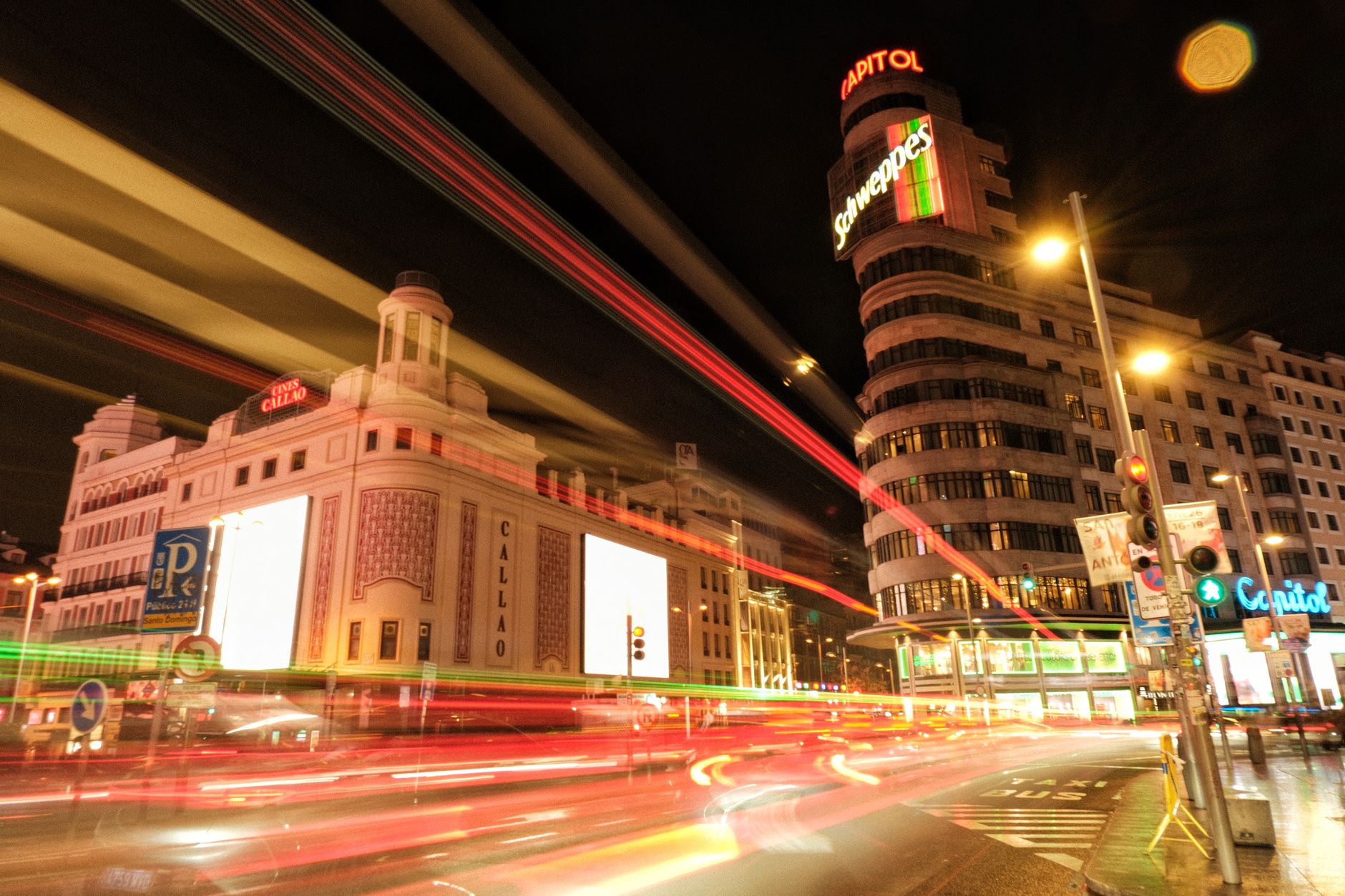 Long exposure of bustling Callao Square in Madrid, showcasing vibrant city nightlife. — illustrating Two Days in Madrid Around the Golden Triangle