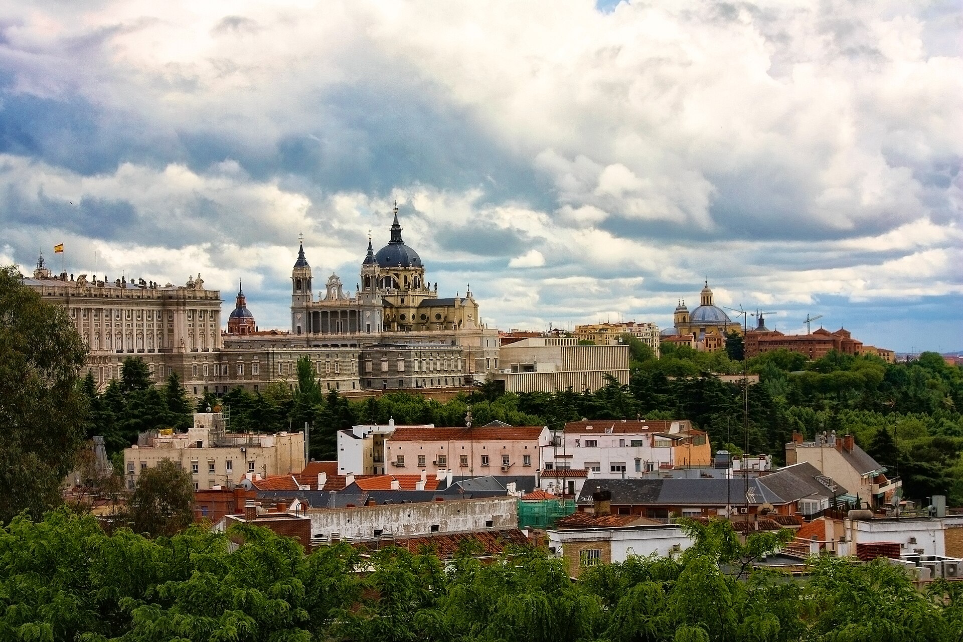 Almudena Cathedral and the Royal Palace seen from the Temple of Debod