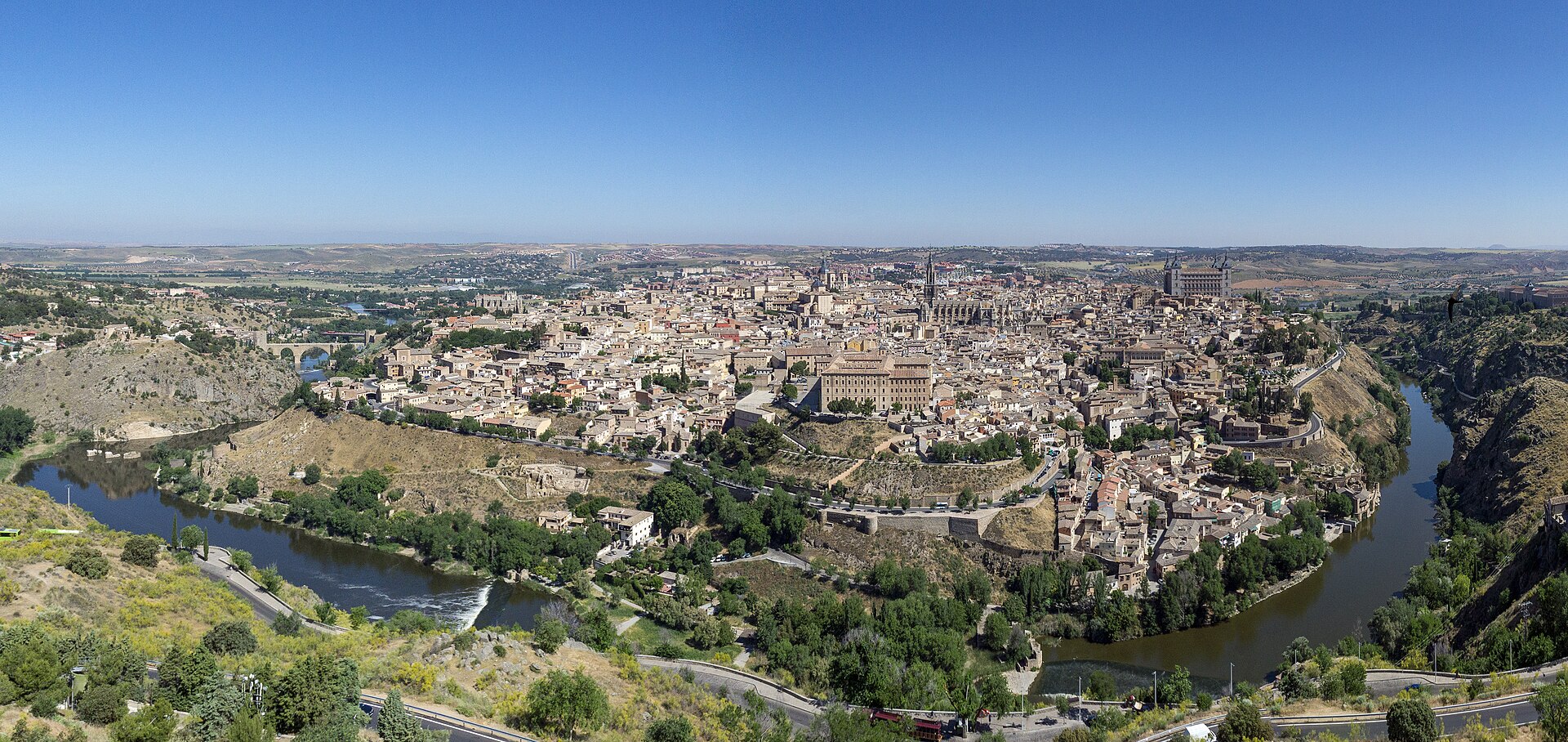 Aerial panorama showing Toledo, Spain, and the surrounding landscape